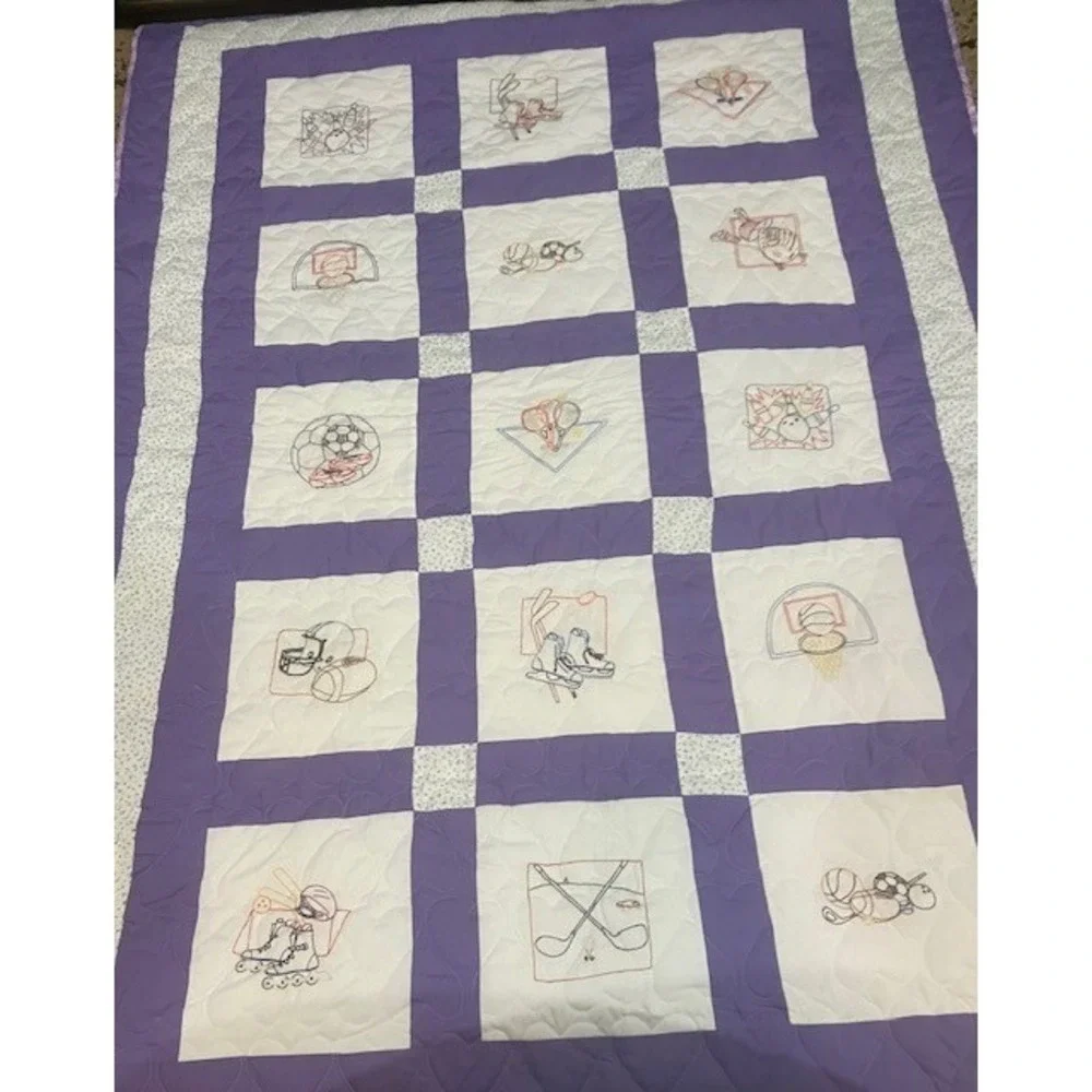 Quilt Machine Sown Quilted with Cross Stitched Blocks Sport Theme 58